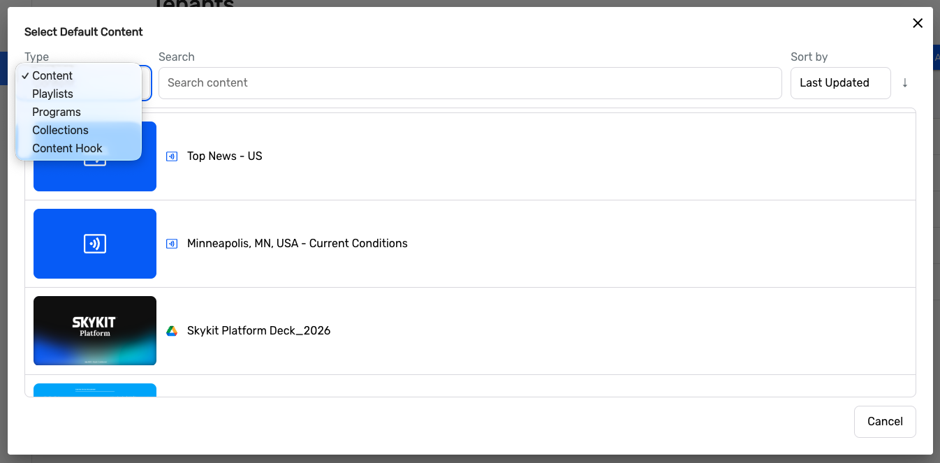 Menu options for selecting default content types in a digital platform interface.